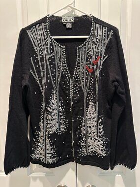 Berek Vintage Beaded Winter Cardigan Sweater Cardinal Birch Trees Christmas L